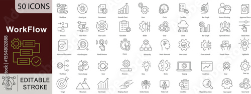 Workflow Process Icon Set - 50 Editable Business Flow Icons for Project Management, Automation and Operational Efficiency Vector Collection. Editable Stroke linear icons