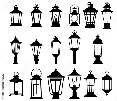 set of old lamp shapes, lots of lamp shape silhouettes black and white illustrations, lots of lamp shape silhouettes in black  and white vector illustration, street lamp shapes