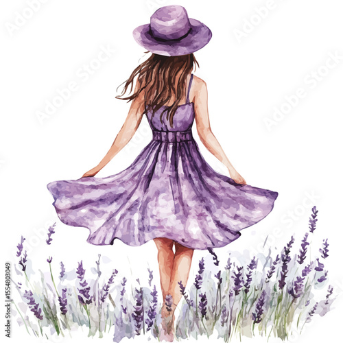 watercolor of Girl Summer Dress Lavender, vector, isolated on a white background.