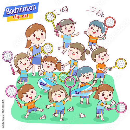 Set cartoon kids playing badminton.