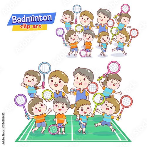 Set cartoon kids playing badminton.