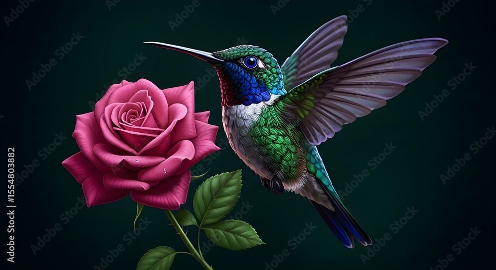 Obraz premium Hummingbird, Rose, Flower, Hummingbird and Rose