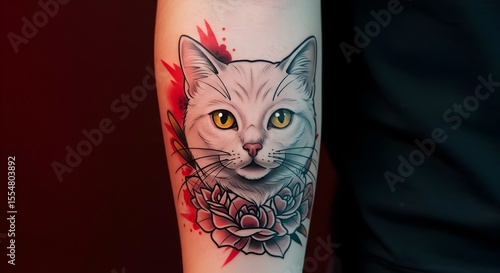 Cat tattoo, Tattoo, Arm tattoo, White Cat with Roses Tattoo on Arm