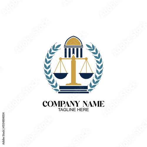 Legal Firm Logo Design: Elegant logo design featuring scales of justice, a laurel wreath, and a classical building, symbolizing law, justice, and tradition.