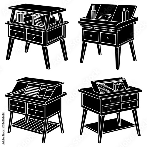 Four black and white illustrations of different styles of desks with various storage compartments and legs