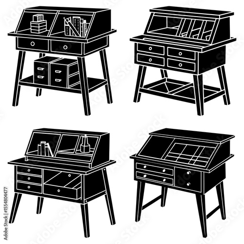 Four secretary desks in black and white showing different drawer configurations and shelf arrangements