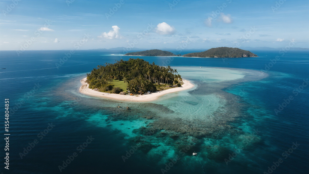 Fototapeta premium Tropical island seen from above, crystal-clear water and colorful corals