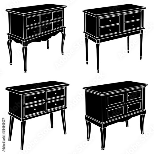 Four different styles of black and white dressers with drawers and legs are illustrated here together