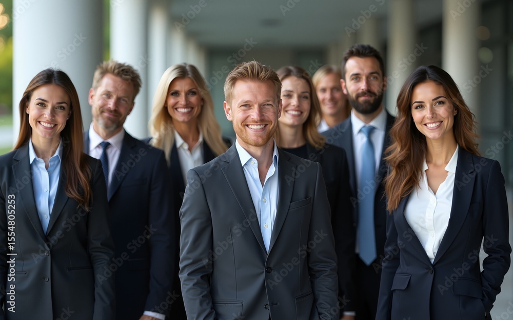 a show of unity, a row of Caucasian businesspeople poses for a group photo, showcasing their collective vision for the successful business corporation. generative AI. High quality a show of unity, a row of Caucasian businesspeople poses for a group photo, showcasing their collective vision for the successful business corporation. generative AI. High quality