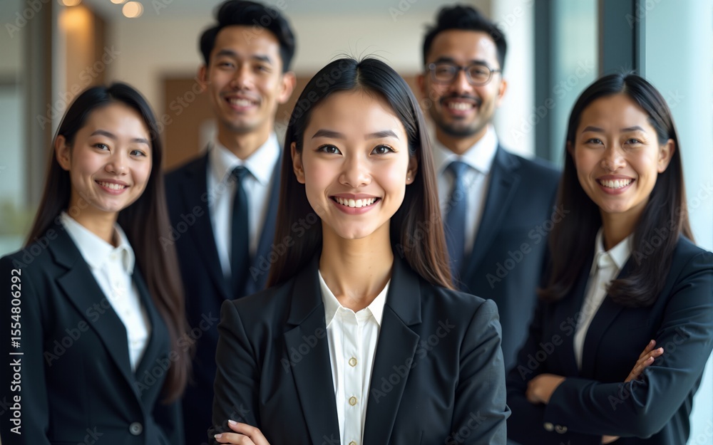 Confident Asian businesspeople team in suits. Diverse corporate group unity with female leader in front. Professionalism together. Successful multiracial teamwork, office environment, business Confident Asian businesspeople team in suits. Diverse corporate group unity with female leader in front. Professionalism together. Successful multiracial teamwork, office environment, business