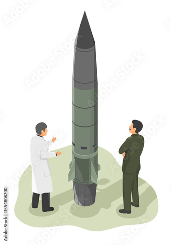 Military engineer and scientist discussing ballistic missile design for advanced defense technology development