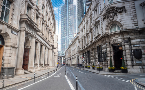 Threadneedle Street, City of London. A view contrasting the old and new architecture in the heart of the financial City of London business district.