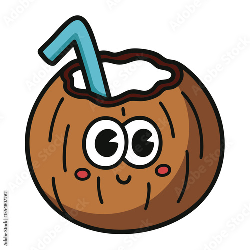 Cute coconut drink with straw and smiley face isolated on white background