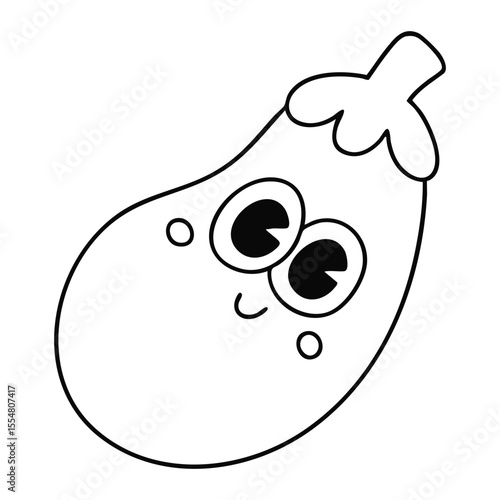 Cute eggplant outline icon with big eyes isolated on white background
