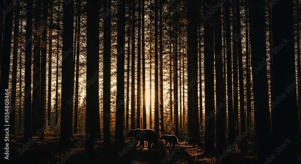 Obraz premium Bears walking through sunlit forest trees sunlight