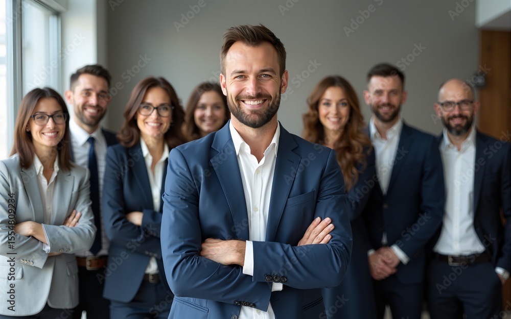 Diverse group of business people team standing in an office, smiling and looking at the camera with arms crossed. A man posing as the leader is in the center posing for a portrait. High quality Diverse group of business people team standing in an office, smiling and looking at the camera with arms crossed. A man posing as the leader is in the center posing for a portrait. High quality