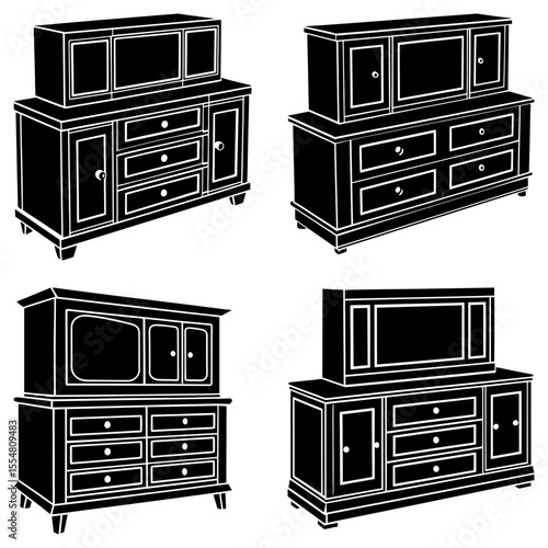 Four dresser furniture items with drawers and cabinets in black and white illustration style image