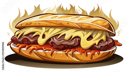 Thinly sliced ribeye beef is piled high inside a toasted hoagie roll, smothered in melted provolone cheese and sautéed onions. Steam rises gently from the warm filling. The glossy texture of the chees