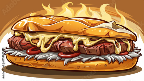 Thinly sliced ribeye beef is piled high inside a toasted hoagie roll, smothered in melted provolone cheese and sautéed onions. Steam rises gently from the warm filling. The glossy texture of the chees