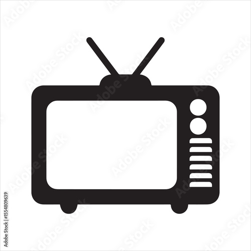 Vintage Retro TV Icon with Antenna in Black and White Silhouette Style