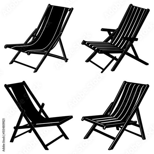 Illustration of four different black and white folding beach chairs in various styles and positions