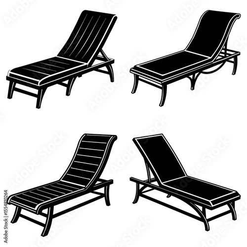 Four different lounge chairs isolated on white background in monochrome