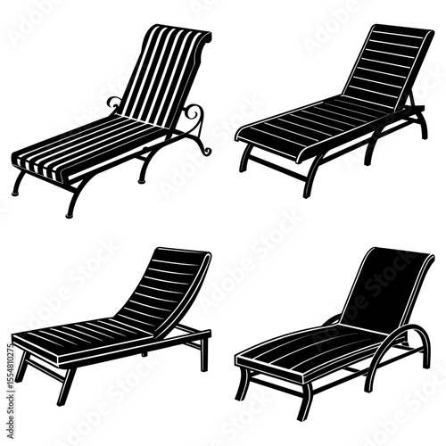 Four different lounge chairs isolated on white background in monochrome
