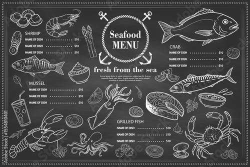 Simple and eye-catching restaurant menu created with mussels, oysters, crab and salmon drawings.