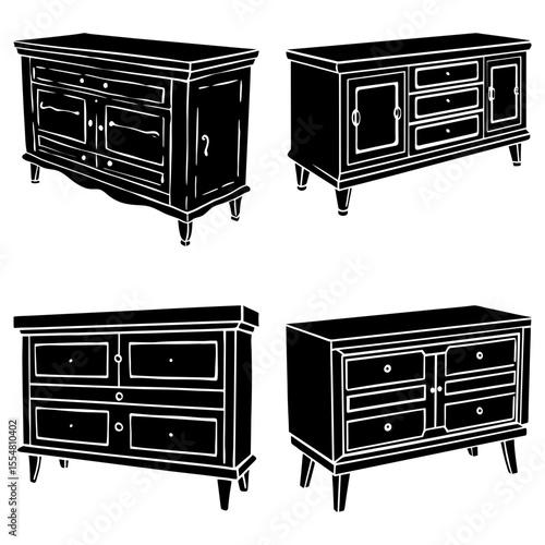 Four furniture icons featuring cabinets and dressers on white background