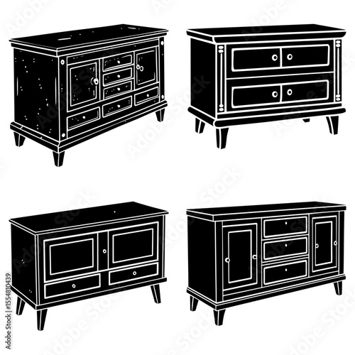 Four furniture icons featuring cabinets and dressers on white background