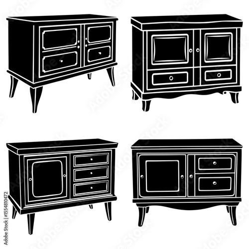 Four furniture icons featuring cabinets and dressers on white background