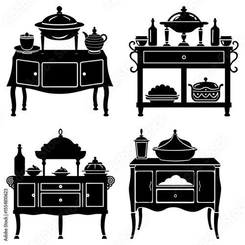 Silhouetted buffet tables with decorative items isolated on white background