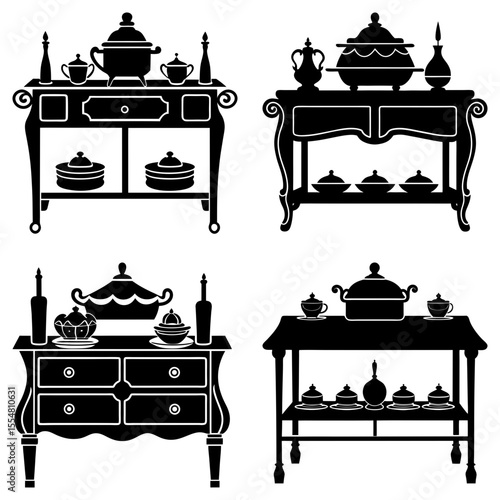Silhouetted buffet tables with various items isolated on white background