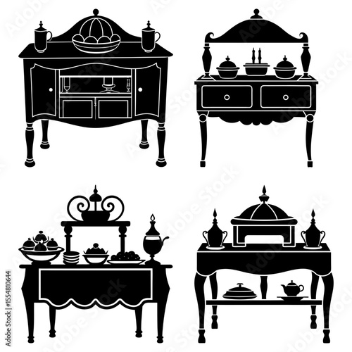 Silhouetted buffet tables with decorations isolated on white background