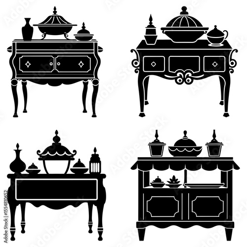 Silhouetted buffet tables with various decorations isolated on white background