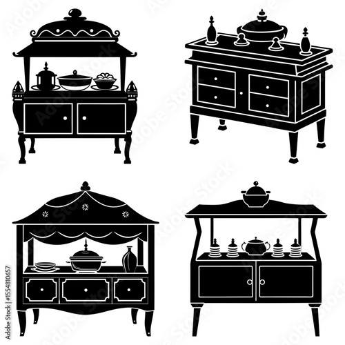 Silhouetted buffet tables with ornate details isolated on white background