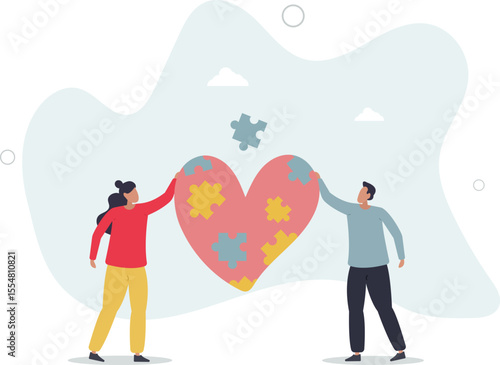 Charity project, non profit organization .Cartoon tiny volunteers fit puzzles into heart. character life .