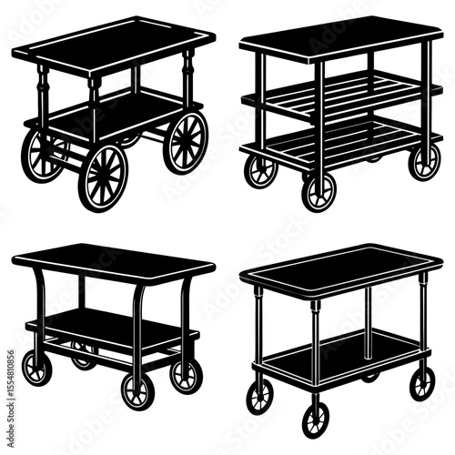 Four different serving cart designs isolated on white background