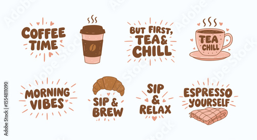 A charming set of 12 coffee & tea graphics with phrases like "COFFEE TIME" & "COZY VIBES," plus icons of cups, croissants, & waffles.. Ideal for cafes, food blogs, & lifestyle.