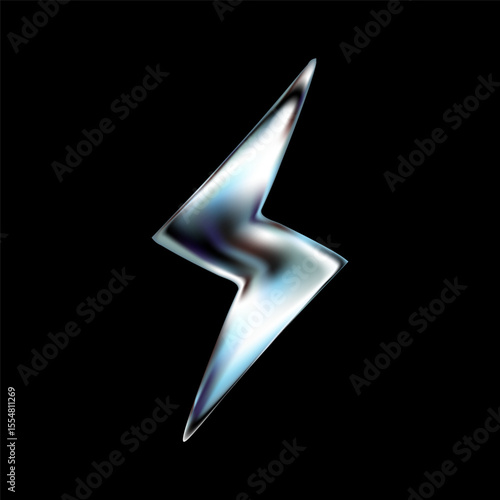 3D chrome lightning thunderbolt icon in Y2K retro. Glossy metallic shape with electric energy effect. Silver, aluminum or steel element. Futuristic flash symbol. Vector render style.