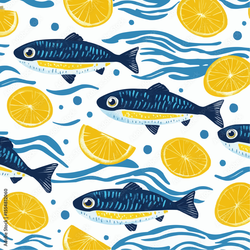 Obraz premium Flat vector pattern of multiple stylized sardines and lemon slices on a white background, ideal for packaging, seafood prints and Mediterranean kitchen products