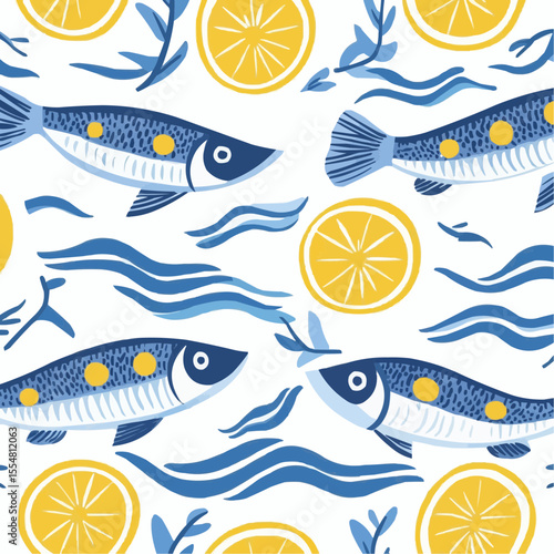 Flat vector pattern of multiple stylized sardines and lemon slices on a white background, ideal for packaging, seafood prints and Mediterranean kitchen products
