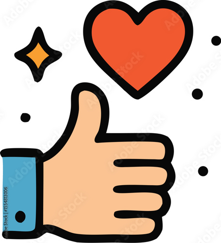 Thumbs up hand gesture with heart symbol for endorsement concept. Social media, positive feedback, approval, endorsement, love, satisfaction.