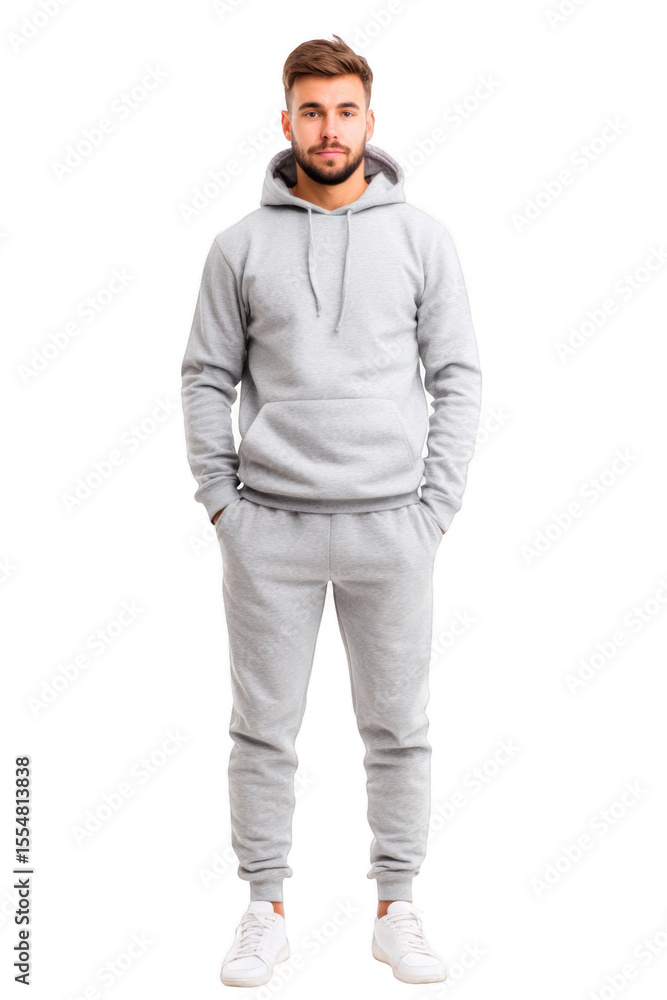 A man stands confidently in a gray hoodie and matching sweatpants, exuding a casual yet stylish vibe. Png, Transparent background. A man stands confidently in a gray hoodie and matching sweatpants, exuding a casual yet stylish vibe. Png, Transparent background.