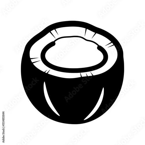 Black  vector illustration of a halved coconut fruit, revealing its distinctive inner part. 