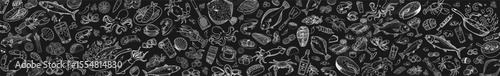 Hand-drawn fish and seafood on a black background. A modern menu concept is presented.