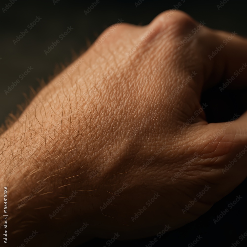 Obraz premium Closeup photo of male hand showing skin and hair details, illustrating texture, anatomy, and body surface study.
