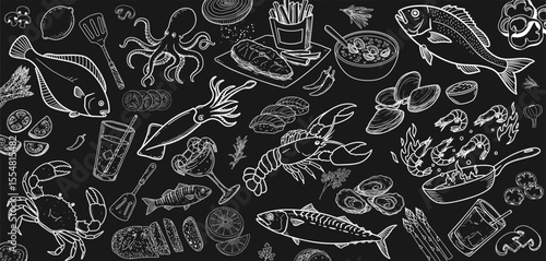 Hand-drawn vector illustration of seafood such as lobster, mussels and crab. Compatible with vintage restaurant concept.