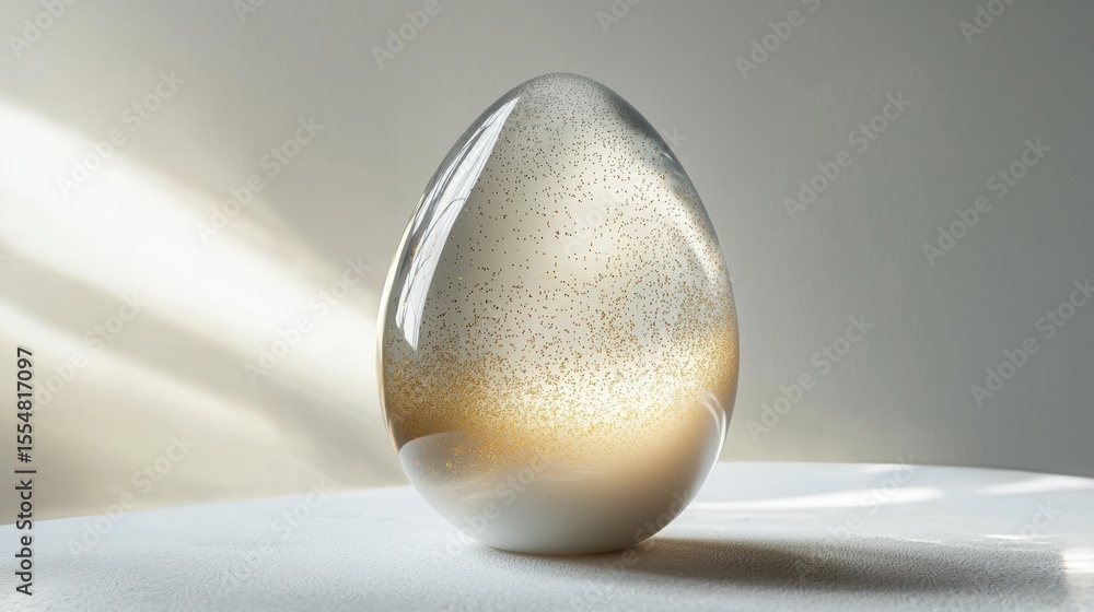Elegant clear glass egg with golden shimmer displayed on a white surface under soft natural light Elegant clear glass egg with golden shimmer displayed on a white surface under soft natural light
