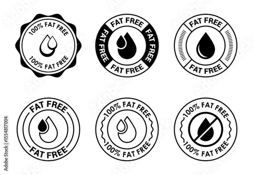 Fat free icons set design. Zero fat circle badge label for dietary product symbol black on white background